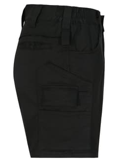 A pair of black unisex cotton stretch ripstop work shorts featuring multiple pockets and an elastic waistband.