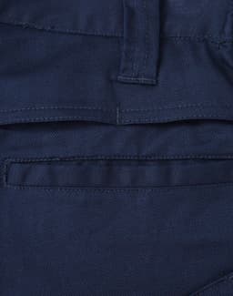 Navy blue unisex cotton stretch ripstop work shorts with a back pocket and a waistband. Features a logo.