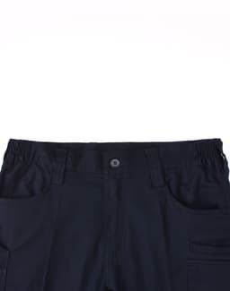 A pair of navy blue unisex cotton stretch ripstop work shorts featuring an elastic waistband and multiple pockets.