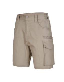 Beige unisex cotton stretch ripstop work shorts with multiple pockets and a logo. Suitable for workwear.
