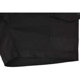 Unisex cotton stretch drill work shorts in black with a side pocket and a logo.