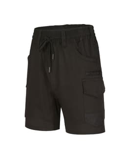 Unisex cotton stretch drill shorts in black with an elastic waistband and multiple pockets, featuring a logo.