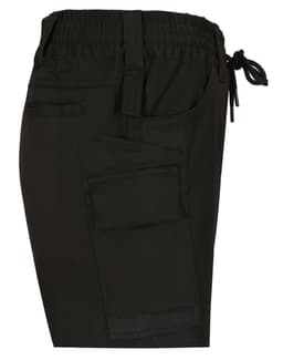 Unisex cotton stretch drill shorts in black, featuring a side pocket and an elasticised waist with a drawstring.