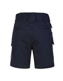 Unisex cotton stretch drill work shorts in navy, featuring multiple pockets and an elastic waistband.