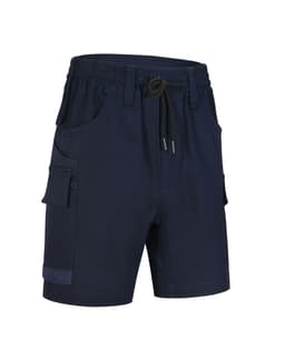 Navy unisex cotton stretch drill work shorts featuring pockets and an elastic waistband with a drawstring.