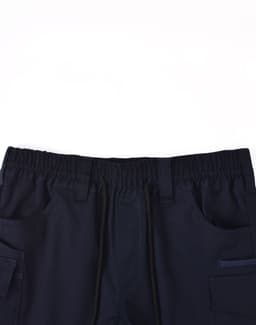 Navy unisex cotton stretch drill work shorts with an elastic waistband and multiple pockets. Features a logo.