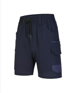 Navy unisex cotton stretch drill work shorts with multiple pockets and an elastic waistband. Features a logo.