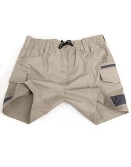 Unisex khaki stretch drill work shorts with elastic waistband and cargo pockets, featuring a contrasting dark detail.