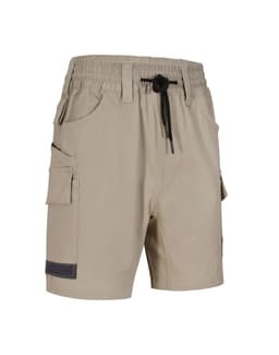 Unisex cotton stretch drill shorts in beige with pockets and an elastic waistband. Features branding.