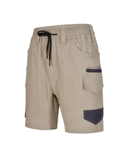Unisex cotton stretch drill work shorts in beige with navy detailing and multiple pockets. Features an elastic waistband.