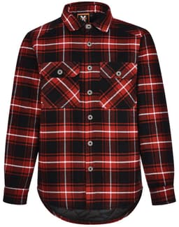 A red and black quilted flannel shirt featuring a check pattern, button-up front, and two chest pockets.