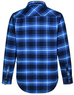 A blue and navy checked quilted flannel shirt with long sleeves and a button-down collar, featuring a logo.