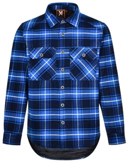 A blue and black checkered flannel shirt featuring two front pockets and a branded logo.