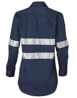 A navy long-sleeve work shirt with 3M reflective tape, featuring a back view and a logo on the shirt.