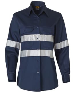 A navy long-sleeved work shirt with 3M reflective strips and two chest pockets. Features a logo on the collar.