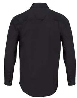 A black long-sleeved work shirt with a collar and buttoned cuffs, featuring a logo.