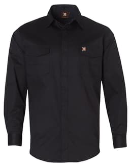 A black long-sleeve shirt with two chest pockets and a logo on the chest.