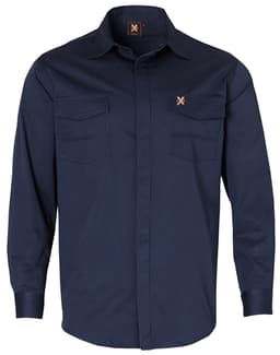 A navy long-sleeved work shirt featuring two front pockets and a small logo.
