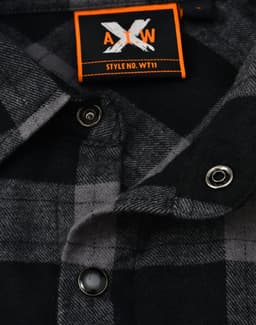 A black and grey plaid unisex flannel button-up shirt featuring snap buttons and a logo tag.