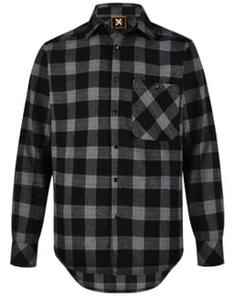 A unisex flannel plaid shirt in black and grey, featuring a button-up front and chest pocket, with a logo tag.