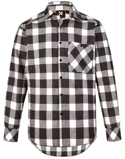 A black and white plaid unisex flannel button-up shirt with a chest pocket and a logo on the collar.