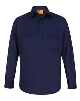 A navy blue long-sleeve work shirt featuring a closed front and two chest pockets, with a small logo.