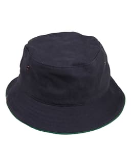 A navy bucket hat with a contrasting green brim, featuring ventilation eyelets and a logo.
