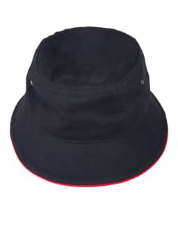 A black bucket hat with a red contrast trim, featuring eyelets and a logo.