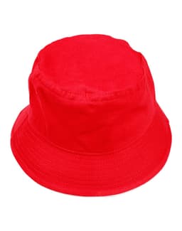 A red soft washed bucket hat with a contrasting brim and a logo on the side.
