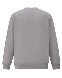 A grey crew fleece jumper with a simple design and ribbed cuffs. It features a logo on the back.
