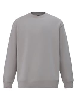 A grey crew fleece sweatshirt with long sleeves and a round neckline. It features a simple design and has a logo.