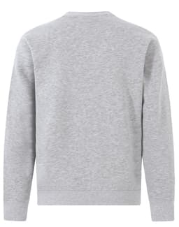 A grey crew fleece jumper featuring a plain back design and a logo.