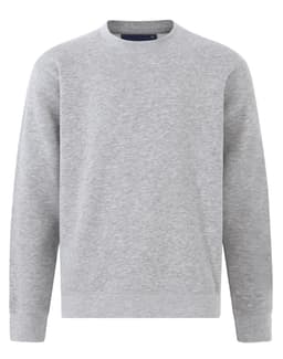 A grey crewneck fleece jumper featuring long sleeves and a simple design. It has a branding logo.