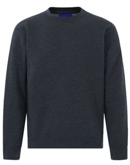 A dark grey crewneck sweatshirt with long sleeves and a simple design. It features a logo on the neckline.