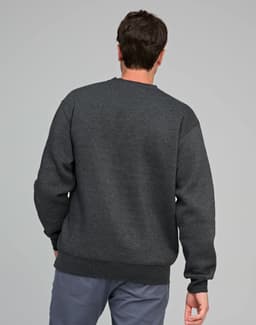 A grey crewneck fleece jumper with ribbed cuffs and hem, featuring a logo on the back.