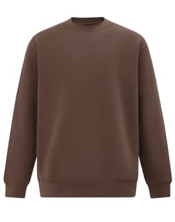 A brown crewneck sweatshirt with long sleeves and ribbed cuffs, featuring a logo on the front.