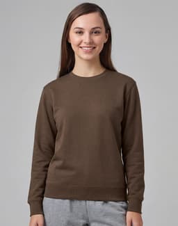 A brown crew fleece sweatshirt on a model, featuring long sleeves and a round neckline, with a logo.