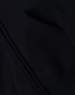 A black full-zip fleecy hoodie featuring a kangaroo pocket and a logo. Soft fabric and stylish design.