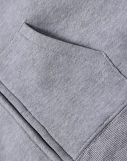 A grey full-zip fleecy hoodie featuring a front kangaroo pocket and ribbed cuffs. Includes a logo.