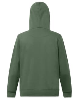 A green hooded fleece jumper with a close front design and a plain back. Features a logo.