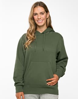 A green close front fleece hoodie with a kangaroo pocket and a hood, featuring a logo.