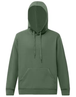 An olive green adult hoodie with a front pocket and a drawstring hood. It features branding on the garment.