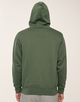 A green fleecey hoodie with a close front and a hood, viewed from the back.