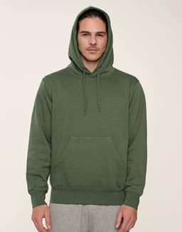 A men's green close-front contrast fleecy hoodie with a front pocket and a drawstring hood.
