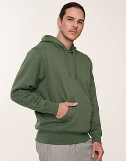 A green adult's close front contrast fleecy hoodie with a front pocket and drawstring hood.