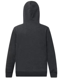 A dark grey adult hoodie with a close front design and a hood. It features ribbed cuffs and a branding logo.