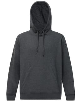 A grey adult's close front contrast fleece hoodie with a hood and a front pocket, featuring a logo.