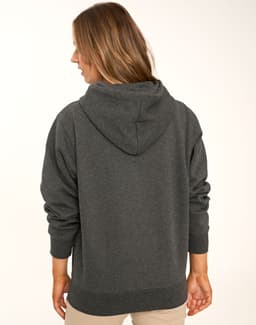 A grey fleecy hoodie with a close front and a hood, featuring long sleeves and a relaxed fit.
