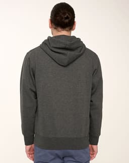 A dark grey adult hoodie with a close front and a hood, featuring a casual fit and ribbed bottom.