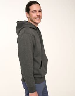 A man wearing a grey adult's close front contrast fleecy hoodie with a front pocket and a hood.